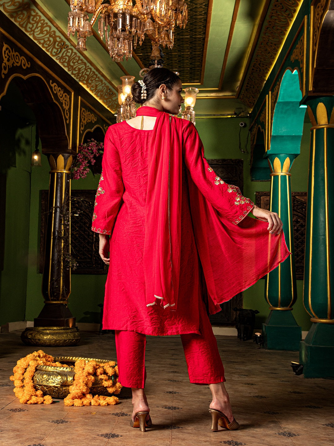 Flamboyant Red Adda Work A-Line Kurta Set Paired With Matching Pant And Dupatta