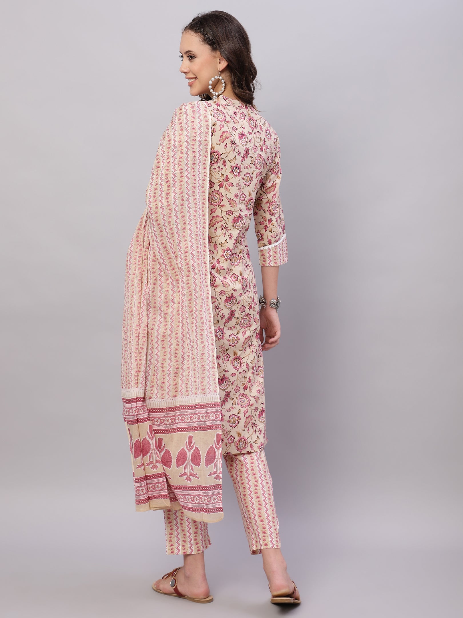 Women Beige Ethnic Motifs Floral Print Kurta with Trousers & Dupatta