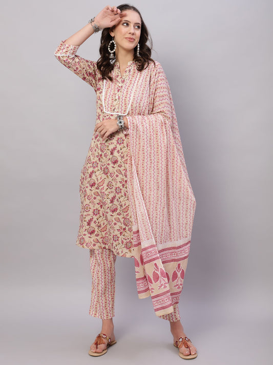 Women Beige Ethnic Motifs Floral Print Kurta with Trousers & Dupatta