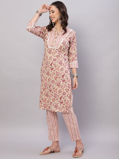 Women Beige Ethnic Motifs Floral Print Kurta with Trousers & Dupatta