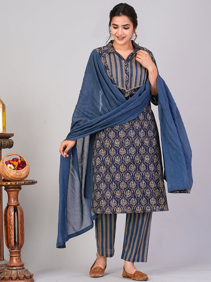Women Blue Ethnic Motifs Floral Print Kurta with Trousers & Dupatta