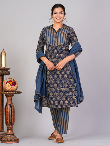 Women Blue Ethnic Motifs Floral Print Kurta with Trousers & Dupatta