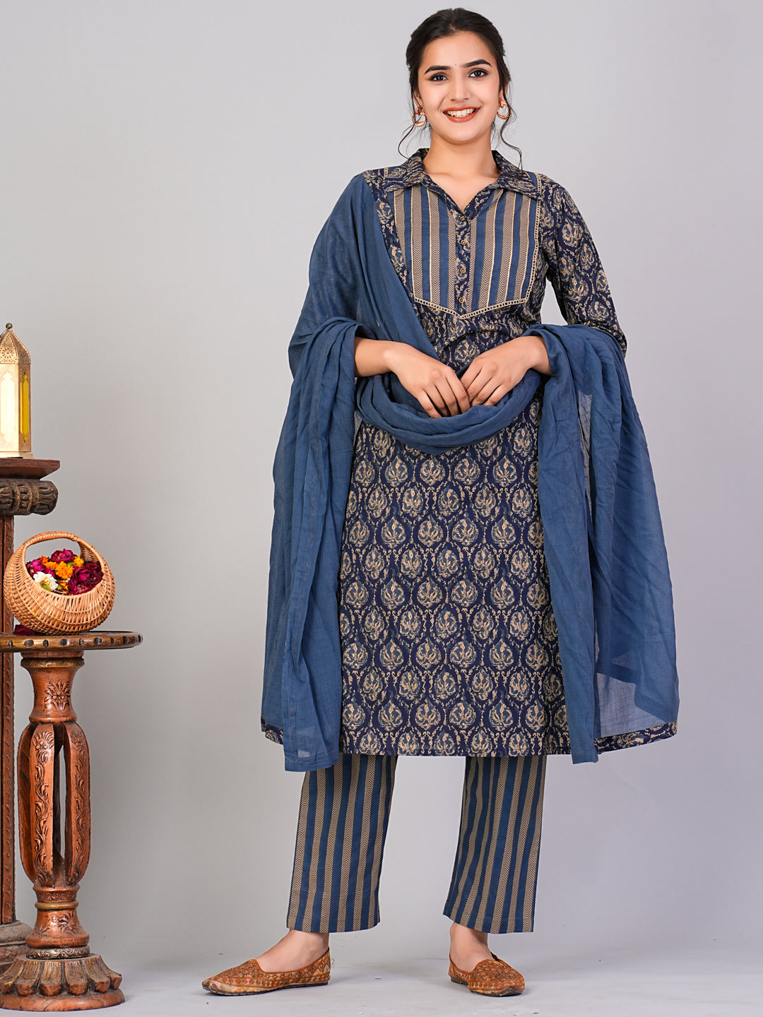 Women Blue Ethnic Motifs Floral Print Kurta with Trousers & Dupatta