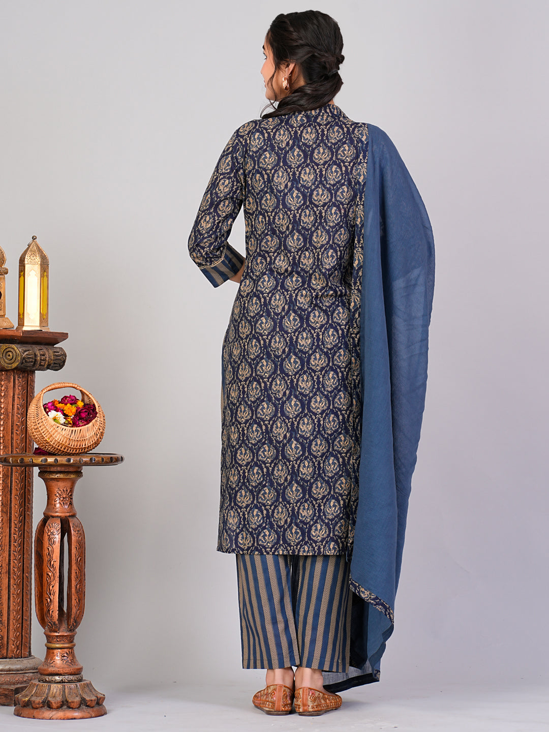 Women Blue Ethnic Motifs Floral Print Kurta with Trousers & Dupatta