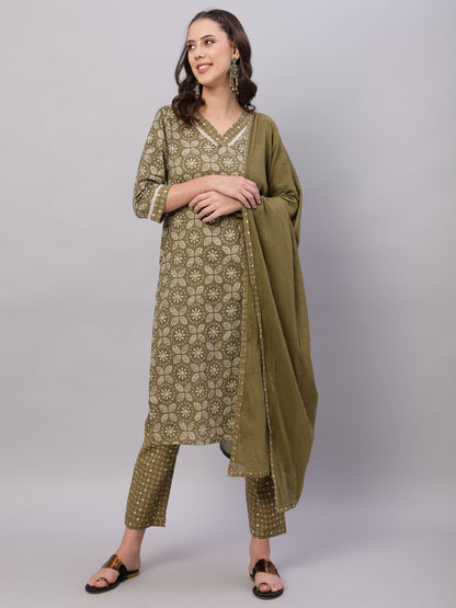 Women Green Ethnic Motifs Floral Print Kurta with Trousers & Dupatta