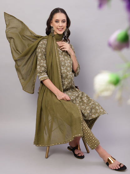 Women Green Ethnic Motifs Floral Print Kurta with Trousers & Dupatta