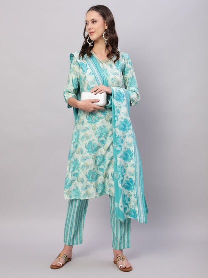 Women Sky Blue Ethnic Motifs Floral Print Kurta with Trousers & Dupatta
