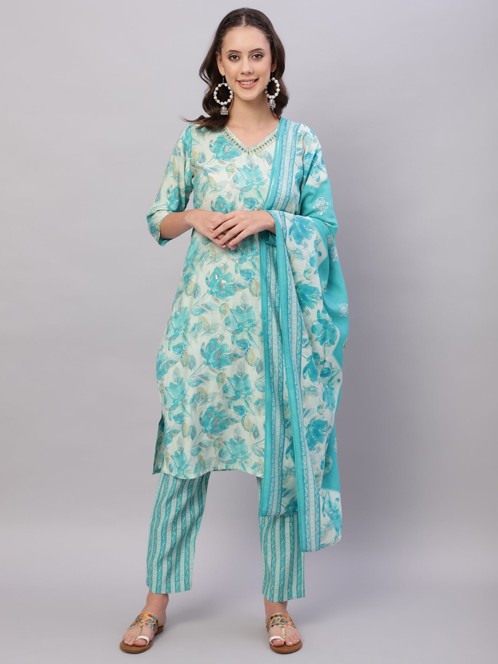 Women Sky Blue Ethnic Motifs Floral Print Kurta with Trousers & Dupatta