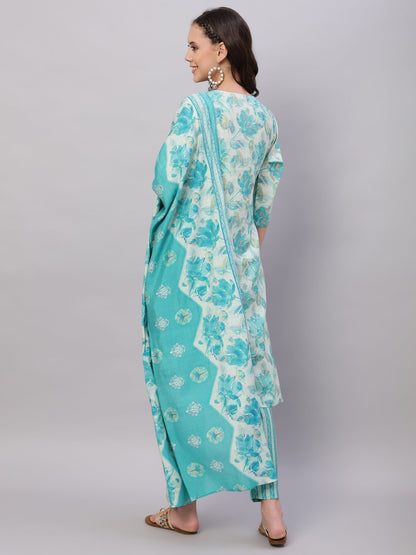 Women Sky Blue Ethnic Motifs Floral Print Kurta with Trousers & Dupatta