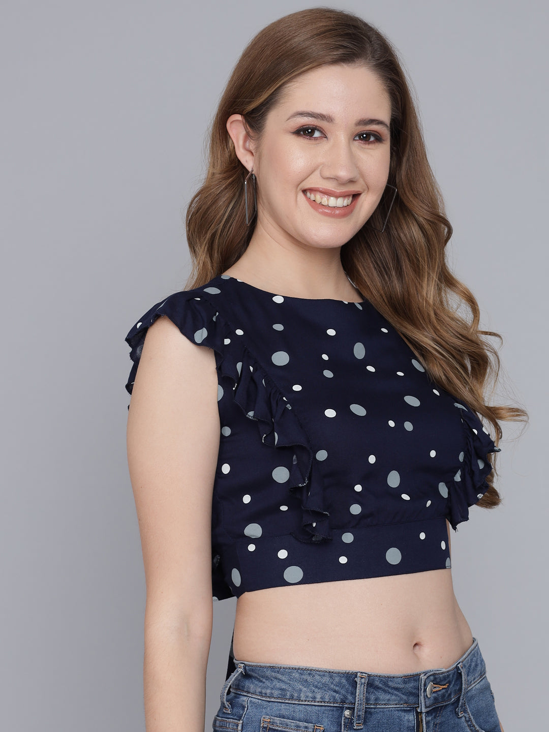 Casual Sleeveless Polka Print (Dark Blue) Women Top