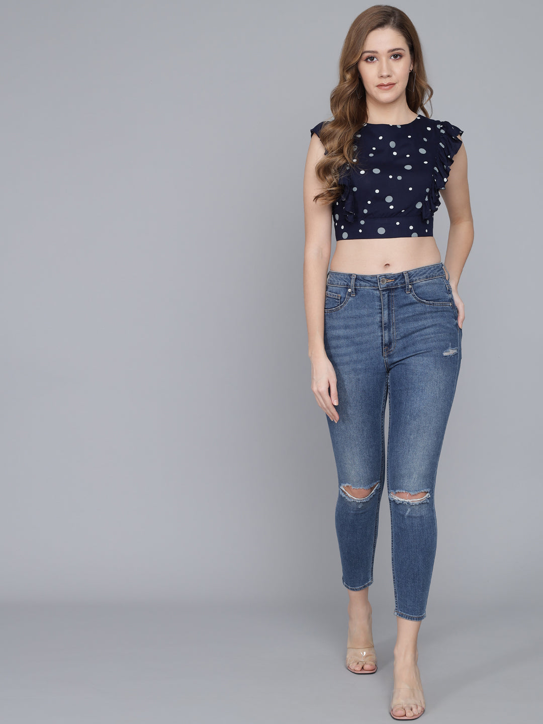 Casual Sleeveless Polka Print (Dark Blue) Women Top