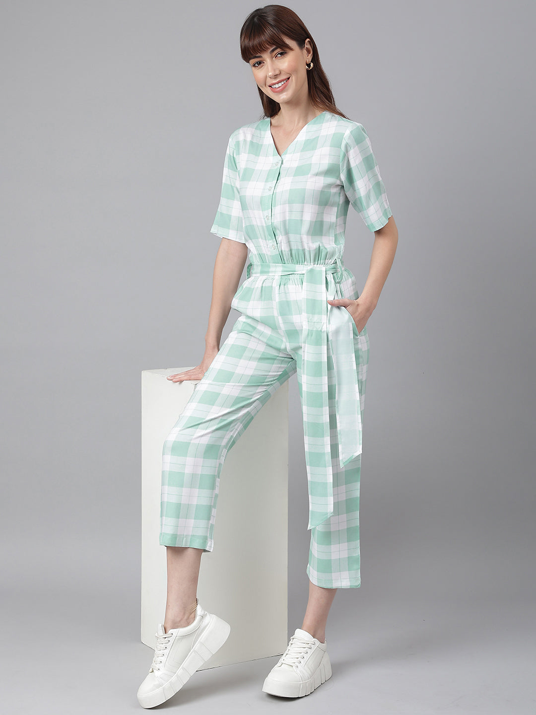 Green White Checked Jumpsuit