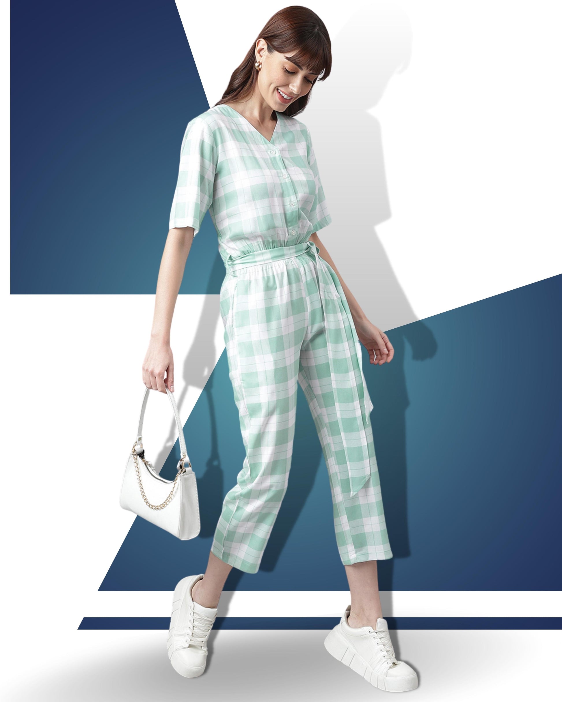 Green White Checked Jumpsuit