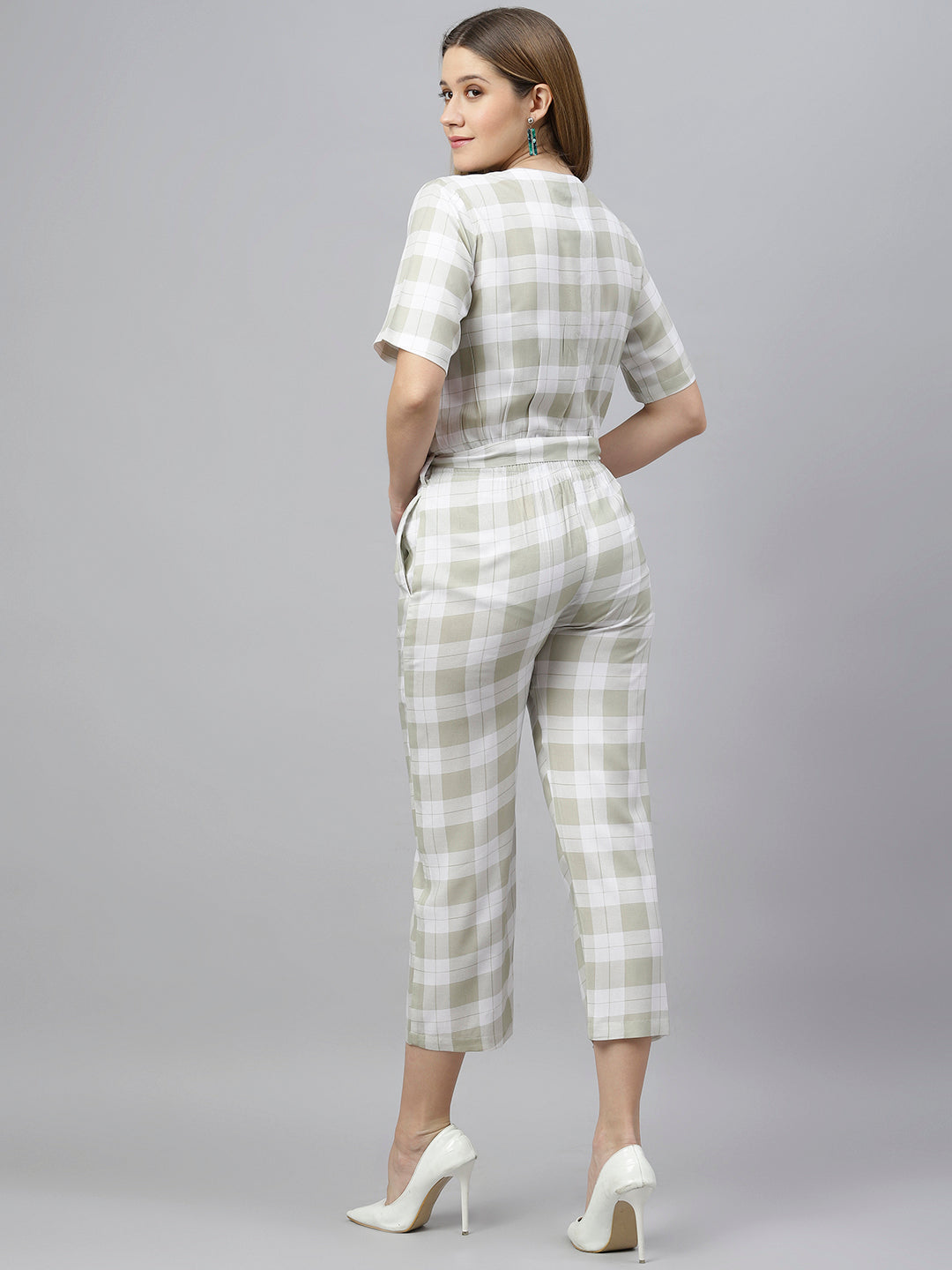 Green White Checked Jumpsuit