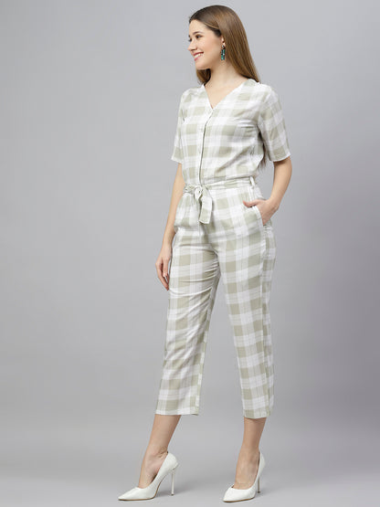 Green White Checked Jumpsuit