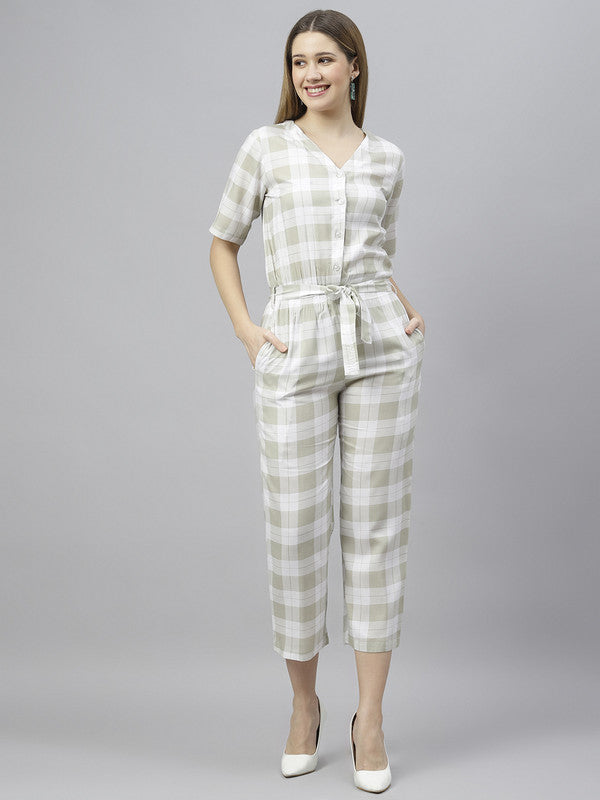 Green White Checked Jumpsuit