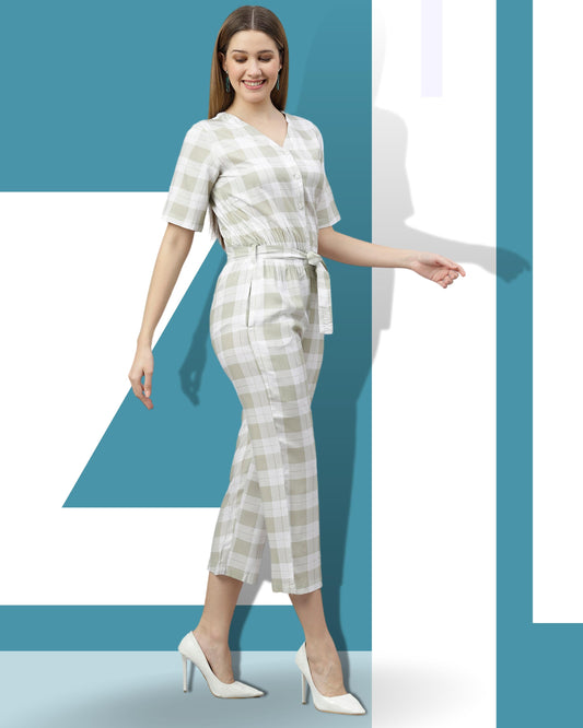 Green White Checked Jumpsuit