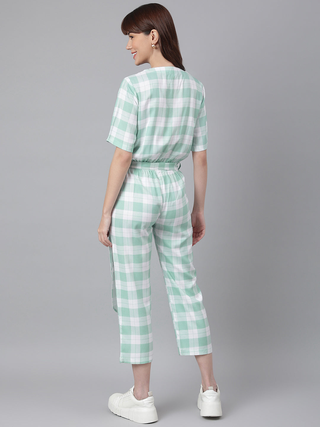 Green White Checked Jumpsuit