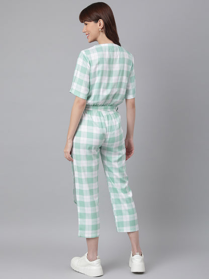 Green White Checked Jumpsuit