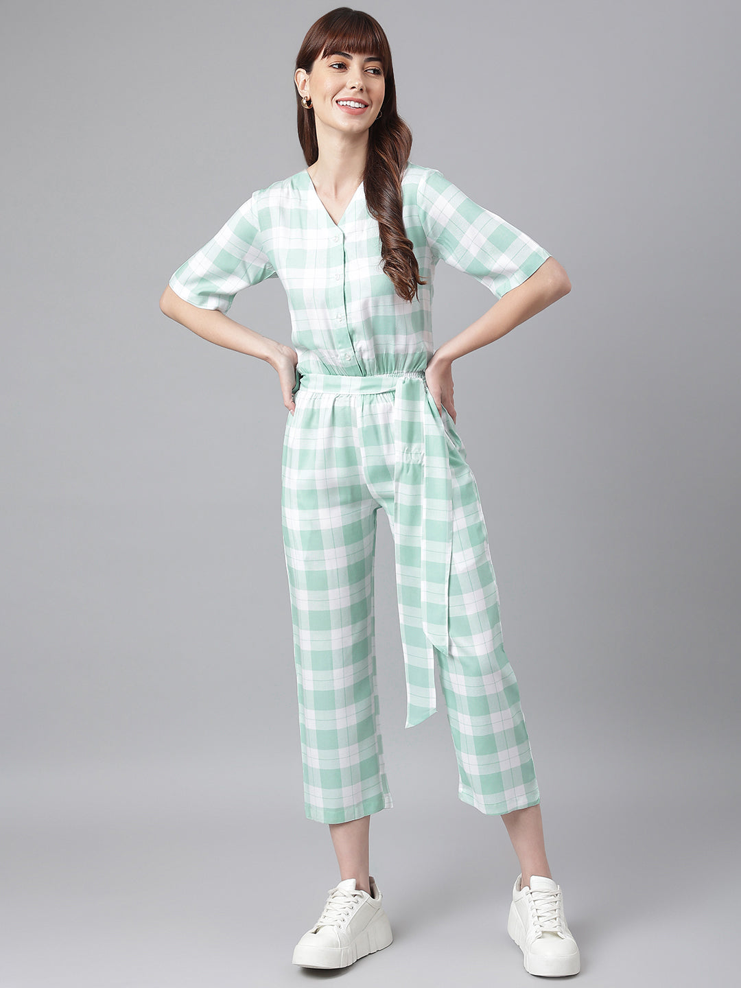Green White Checked Jumpsuit