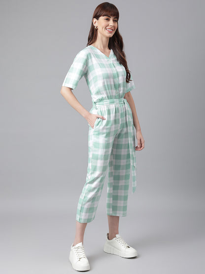 Green White Checked Jumpsuit