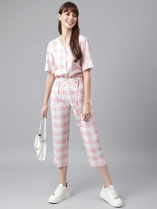 Pink White Checked Jumpsuit