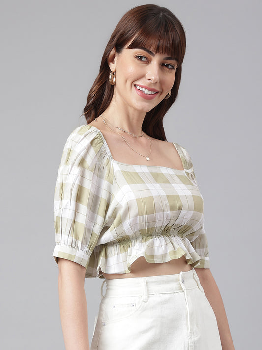 FLAMBOYANTTREND Green Trendy Checkered Top By Flamboyant Top