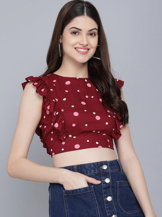 FLAMBOYANTTREND Maroon Polka Dot Printed Top By Flamboyant Top