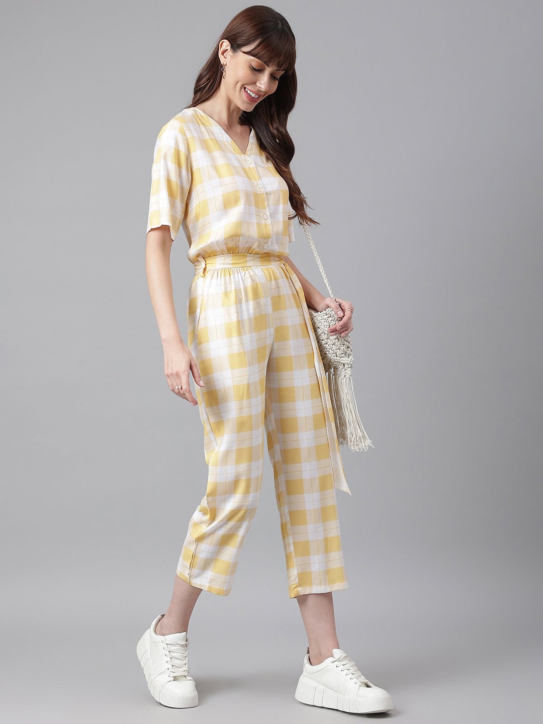 Yellow White Checked Jumpsuit