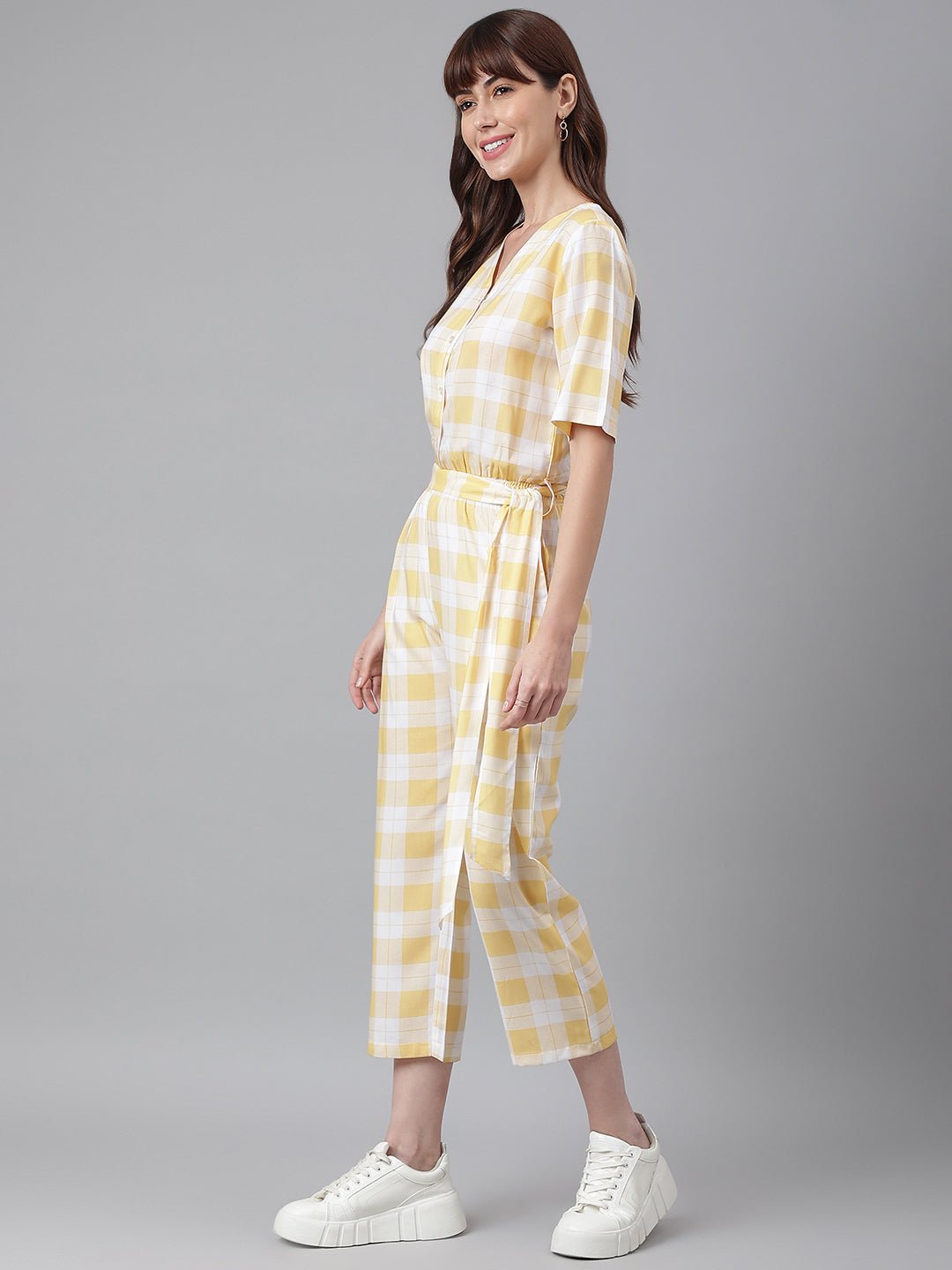 Yellow White Checked Jumpsuit